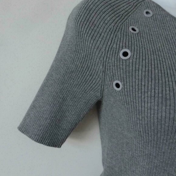 New AKRIS Grey Round Neck Short Sleeve Cotton Knit Top 10 w/ Rib Eyelet Detail - Picture 4 of 7